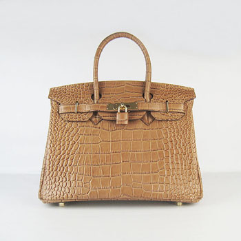 Hermes Birkin 30Cm Crocodile Stripe Handbags Light Coffee Gold